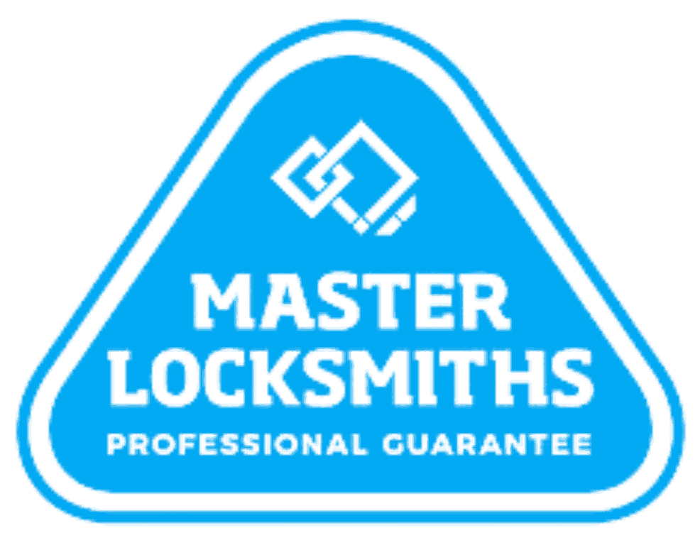 Blue triangular logo with white text that reads 'MASTER LOCKSMITHS' and 'PROFESSIONAL GUARANTEE', featuring a small geometric lock icon at the top.